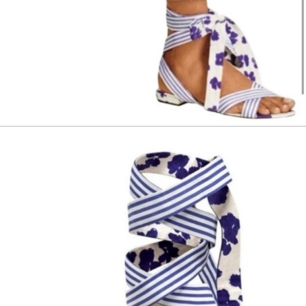 CAbi Blue & White Floral and Stripe Wrap Sandals